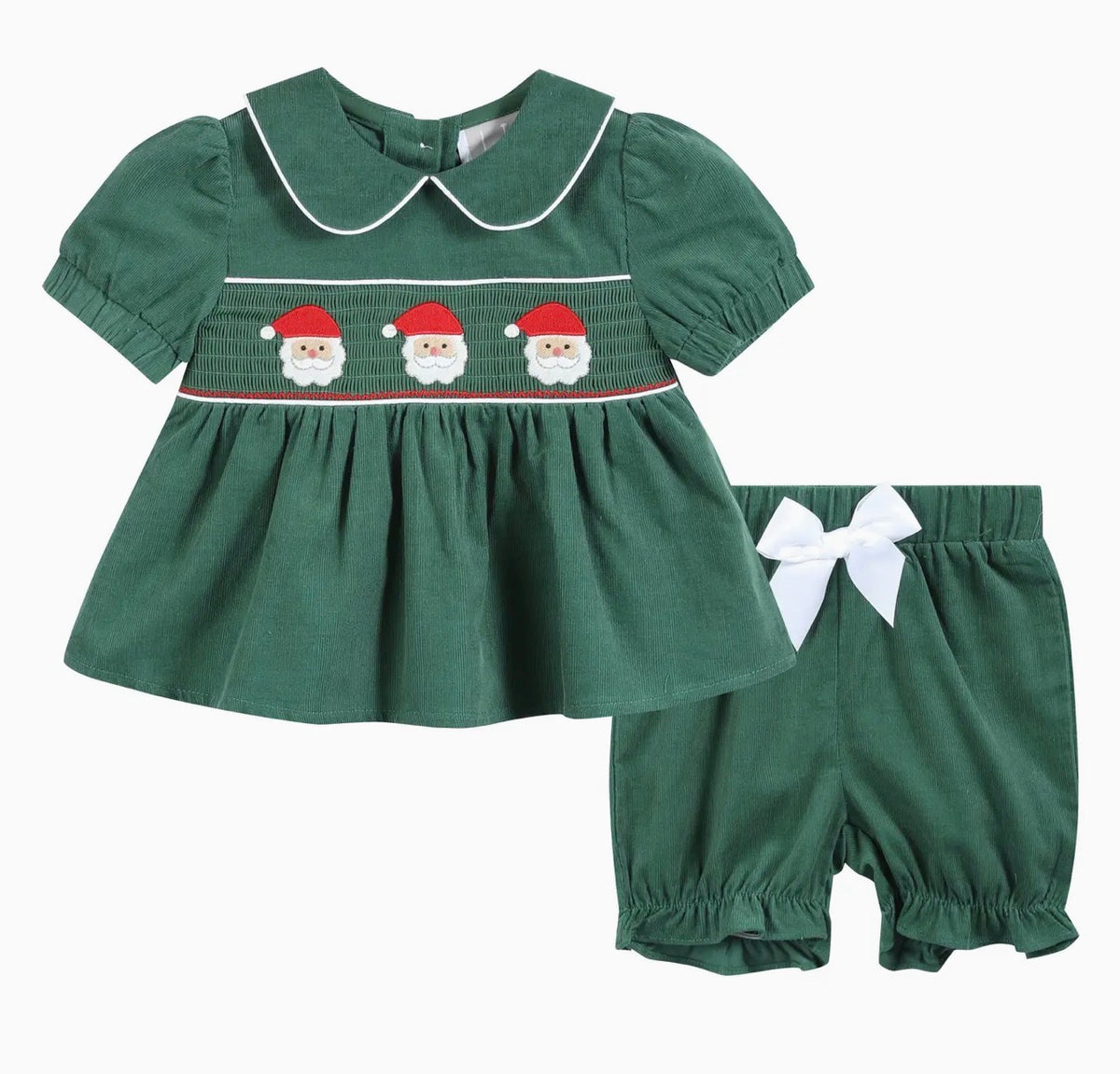 Green Corduroy Santa Smocked Bloomers Set