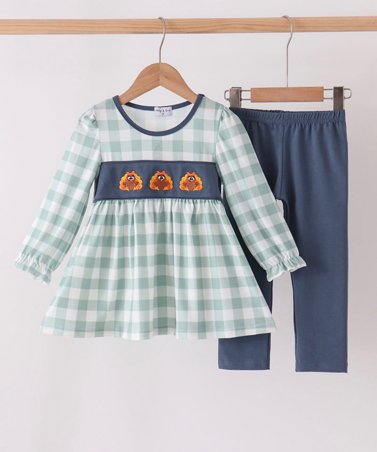 Sage Turkey Gingham Girls Pants Set