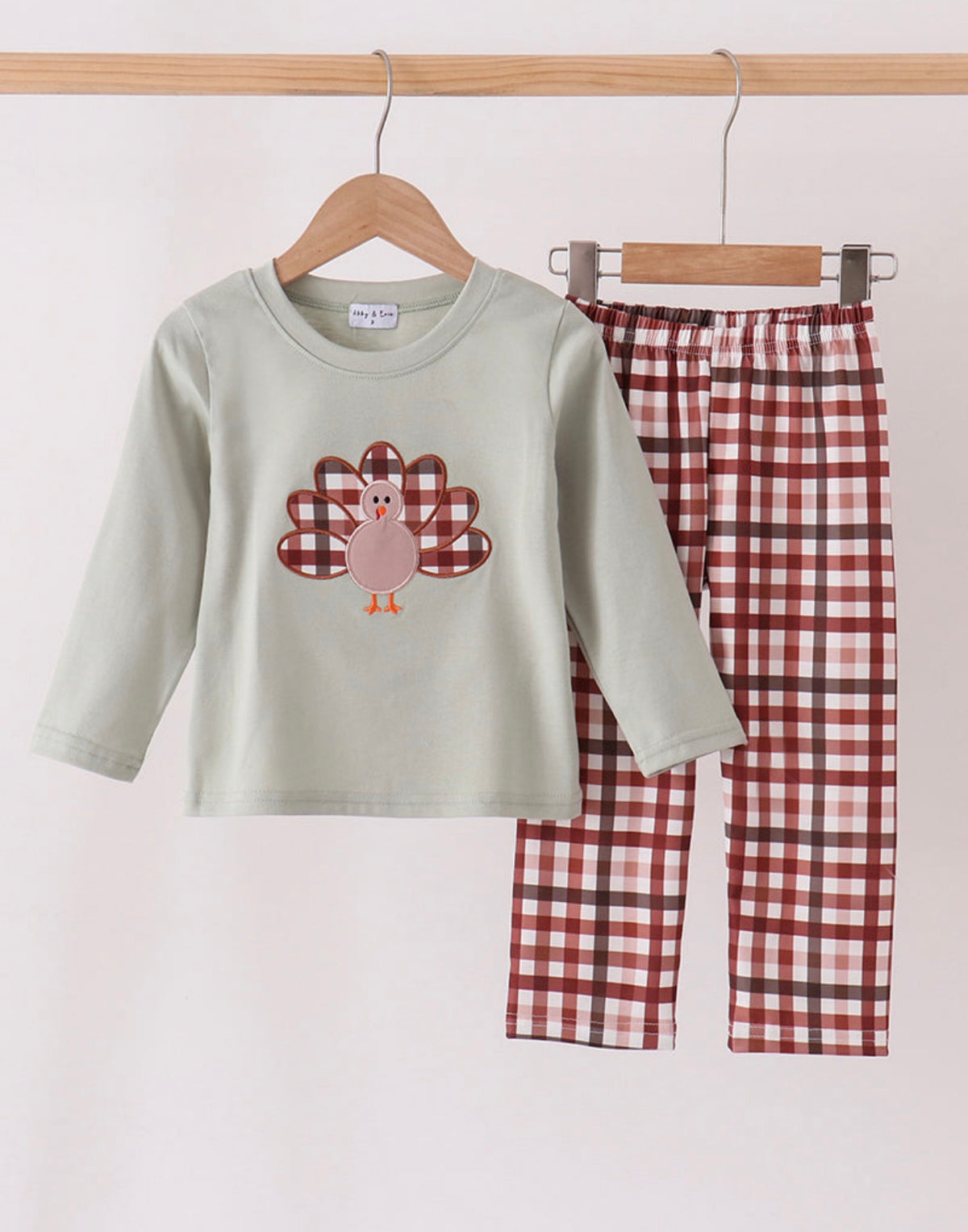 Sage Turkey Appliqué Plaid Boys Pants Set