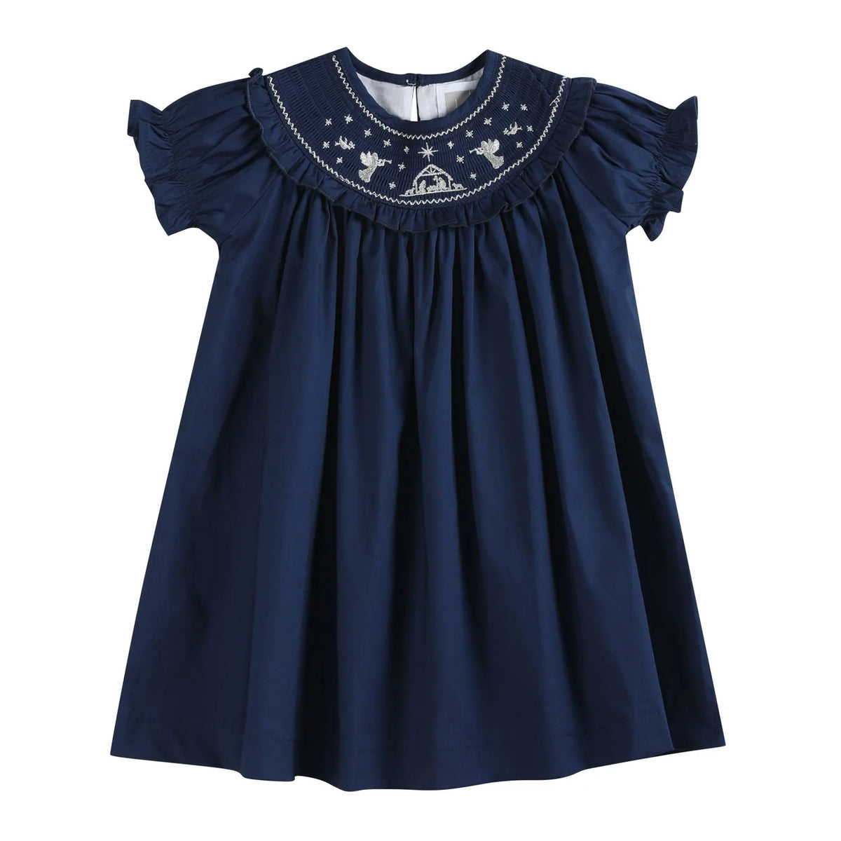 Blue Nativity Smocked Ruffle Dress