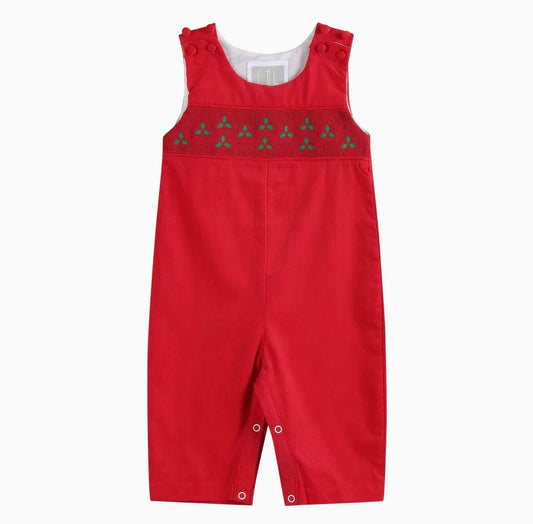 Red Corduroy Mistletoe Smocked Overalls