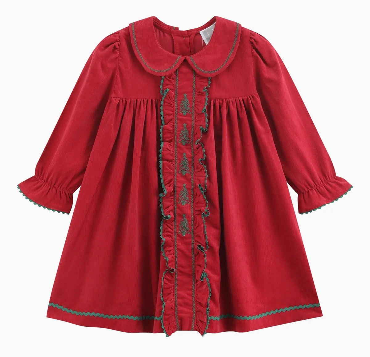 Red Corduroy Ruffle Dress with Christmas Trees