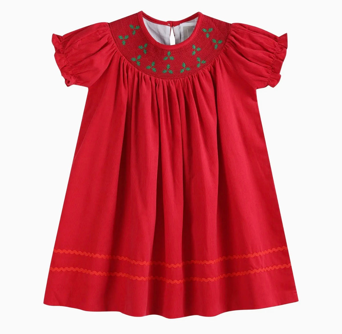 Red Corduroy Mistletoe Smocked Bishop Dress