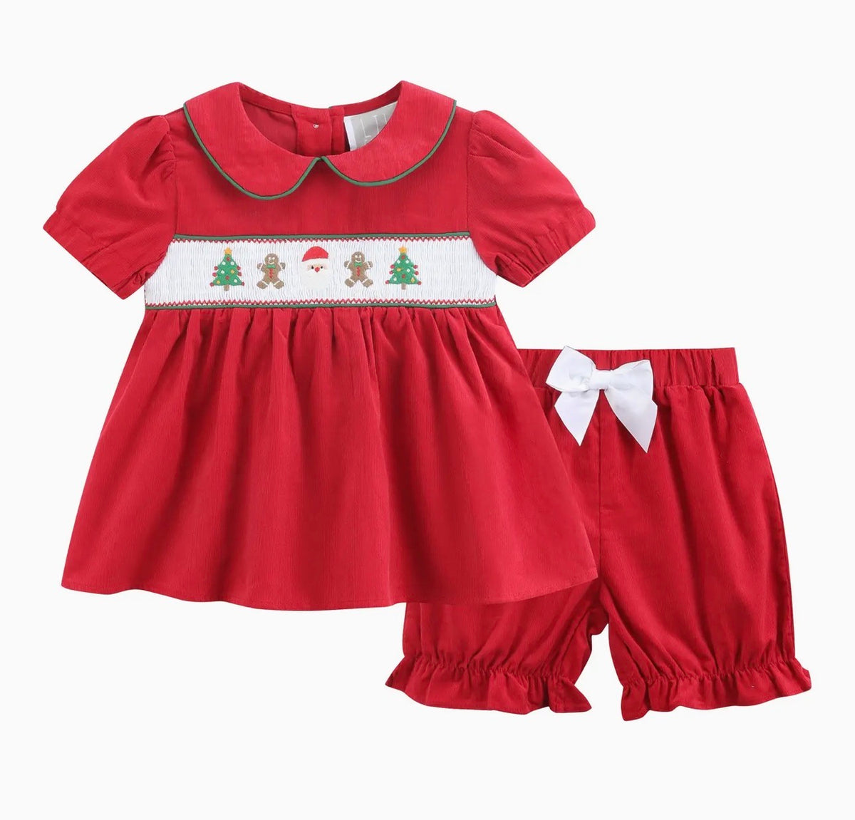 Red Corduroy Christmas Smocked Bloomers Set