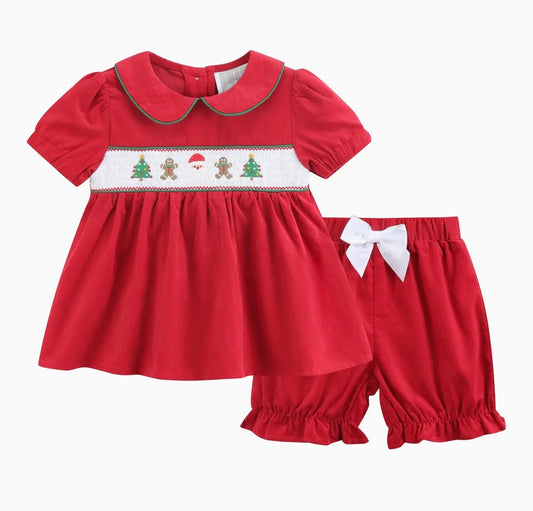 Red Corduroy Christmas Smocked Bloomers Set