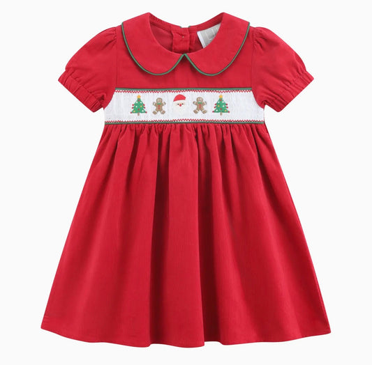 Red Corduroy Christmas Smocked Dress