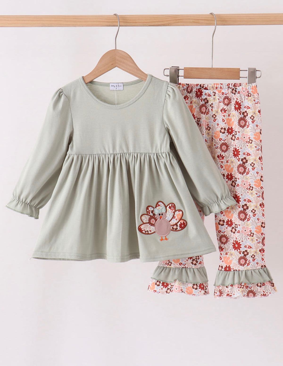 Sage Turkey Appliqué Ruffle Pants Set