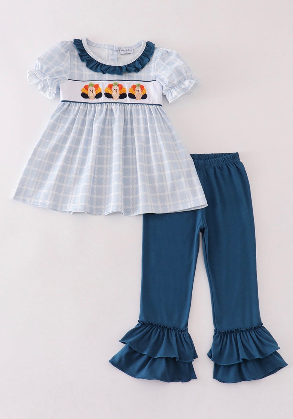 Teal Turkey Plaid French Knot Ruffle Pants Set