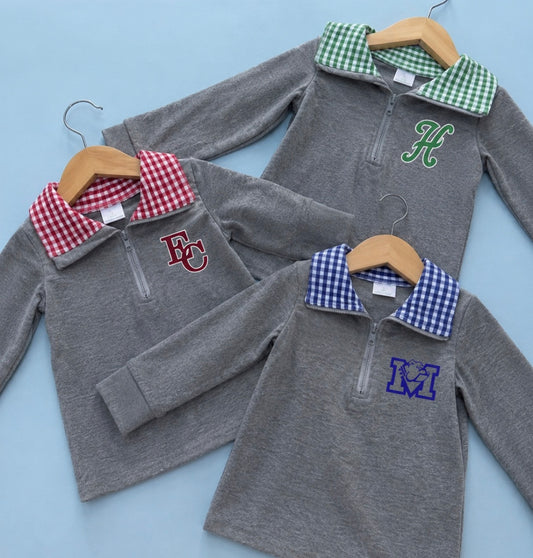Gingham Quarter Zip Pullover
