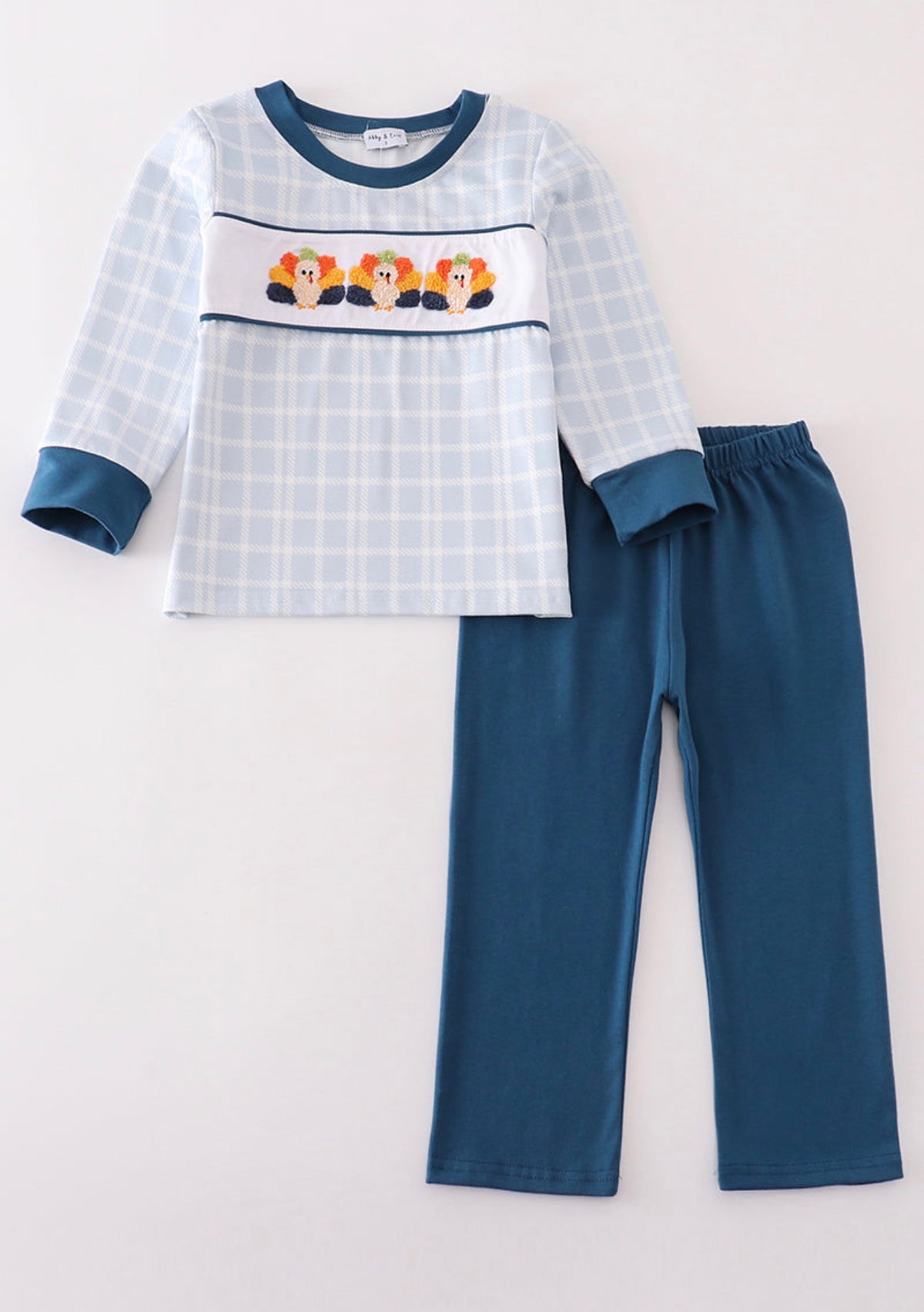 Teal Turkey Plaid French Knot Pants Set