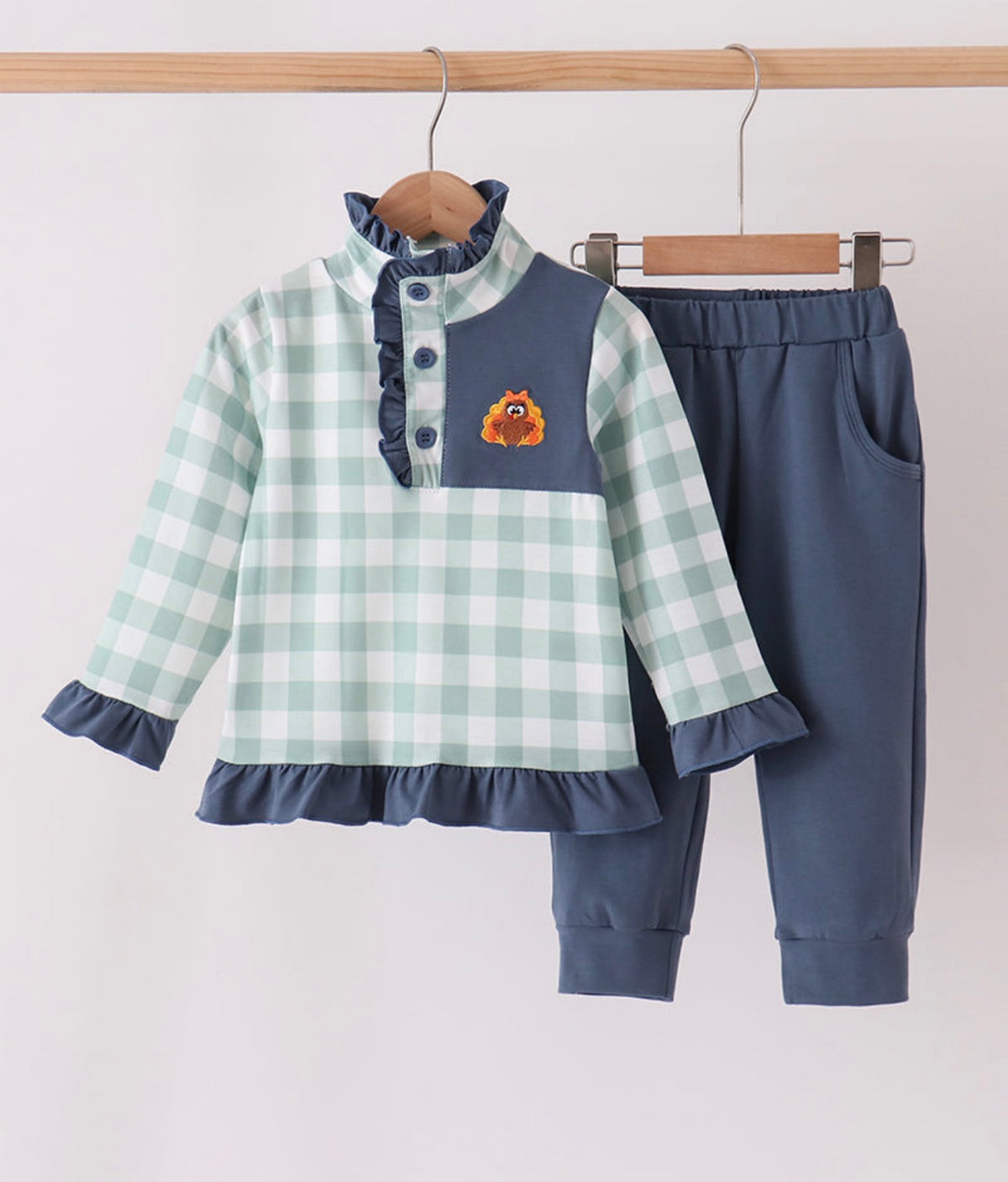 Sage Turkey Gingham Ruffle Jogger Set