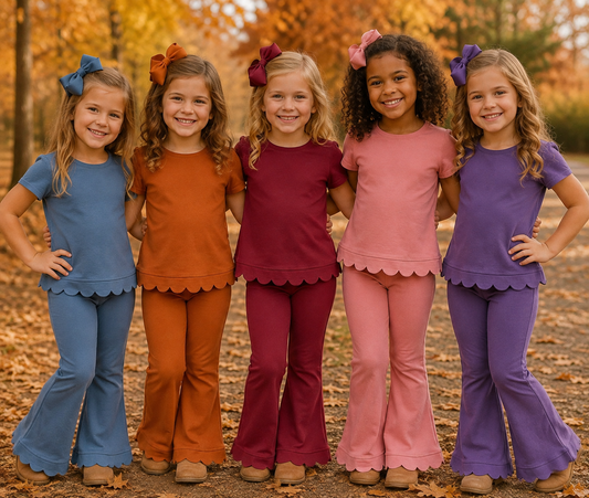 Fall Scalloped Short Sleeve Pants Sets