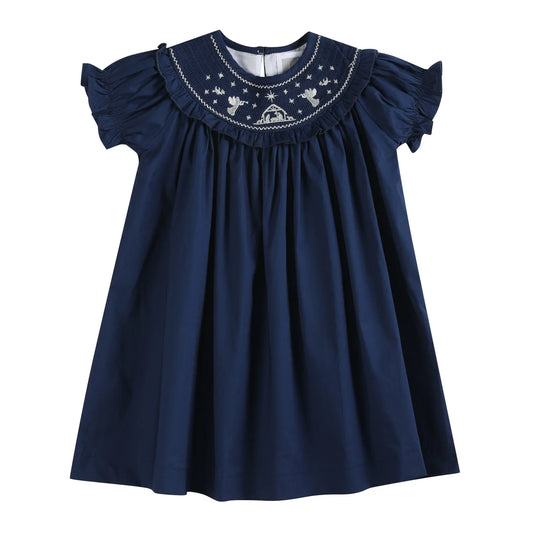 Blue Nativity Smocked Ruffle Dress