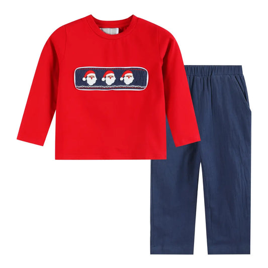 Red Santa Smocked Shirt and Navy Pants Set