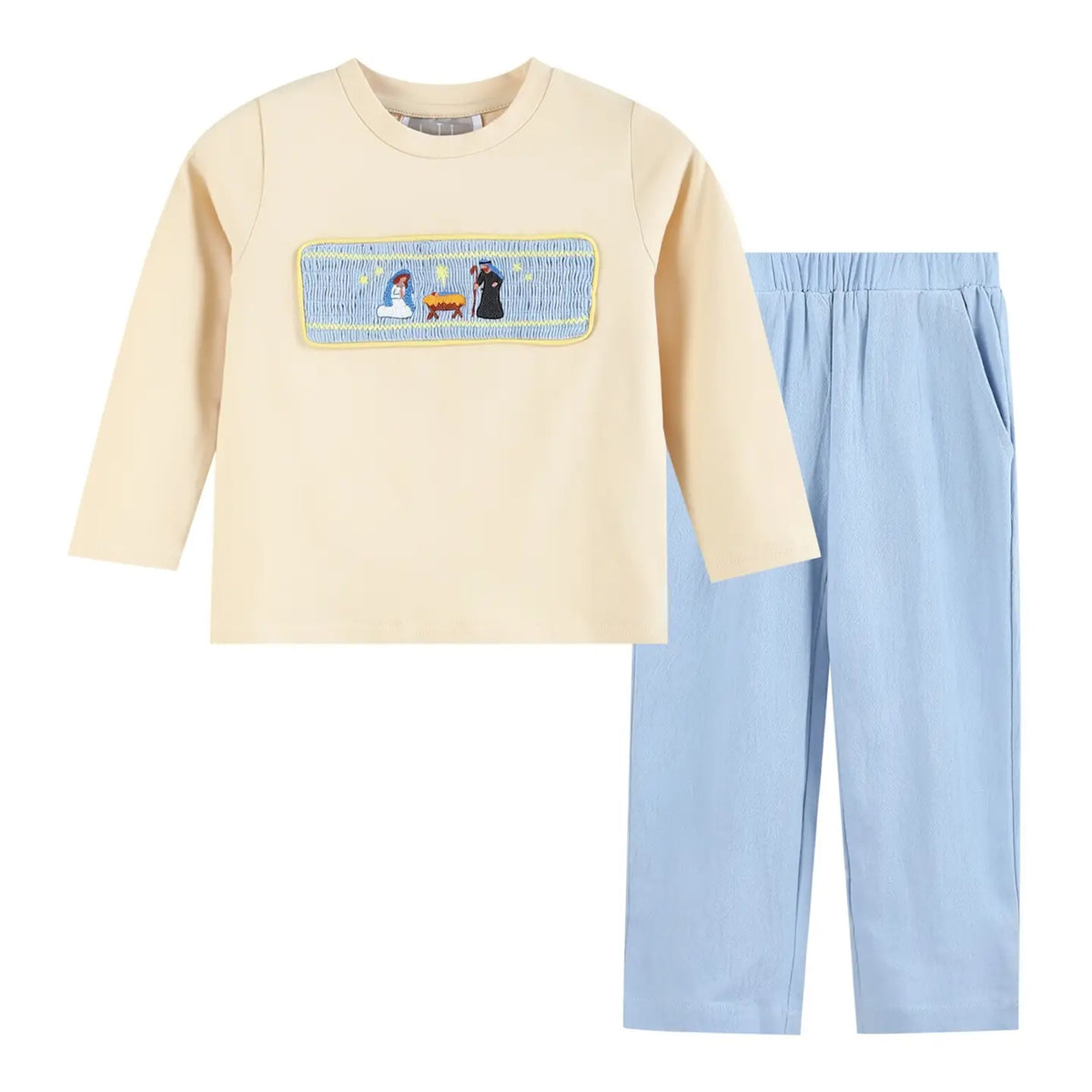 Light Brown Nativity Smocked Shirt and Blue Pants