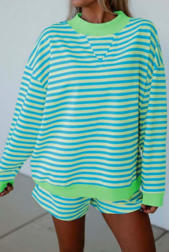 Blue/Green Striped Mockneck Shorts Set