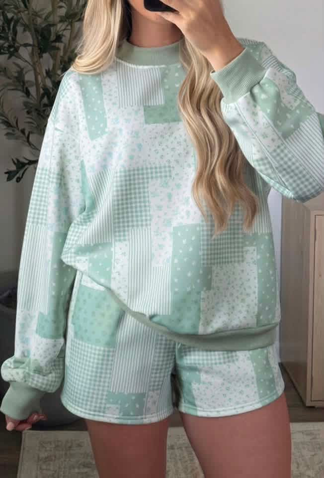 Green Floral Patchwork Shorts Set